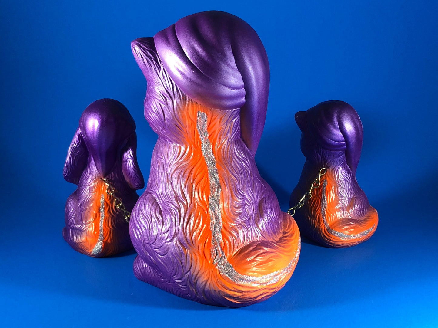 Sleepy time chained cats and dog: Purple and orange, glitter and rhinestones