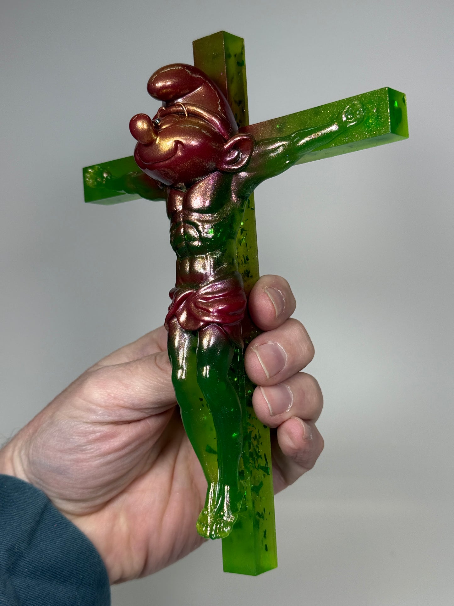 Christ on the Cross but he is a Smurf: Glow Green