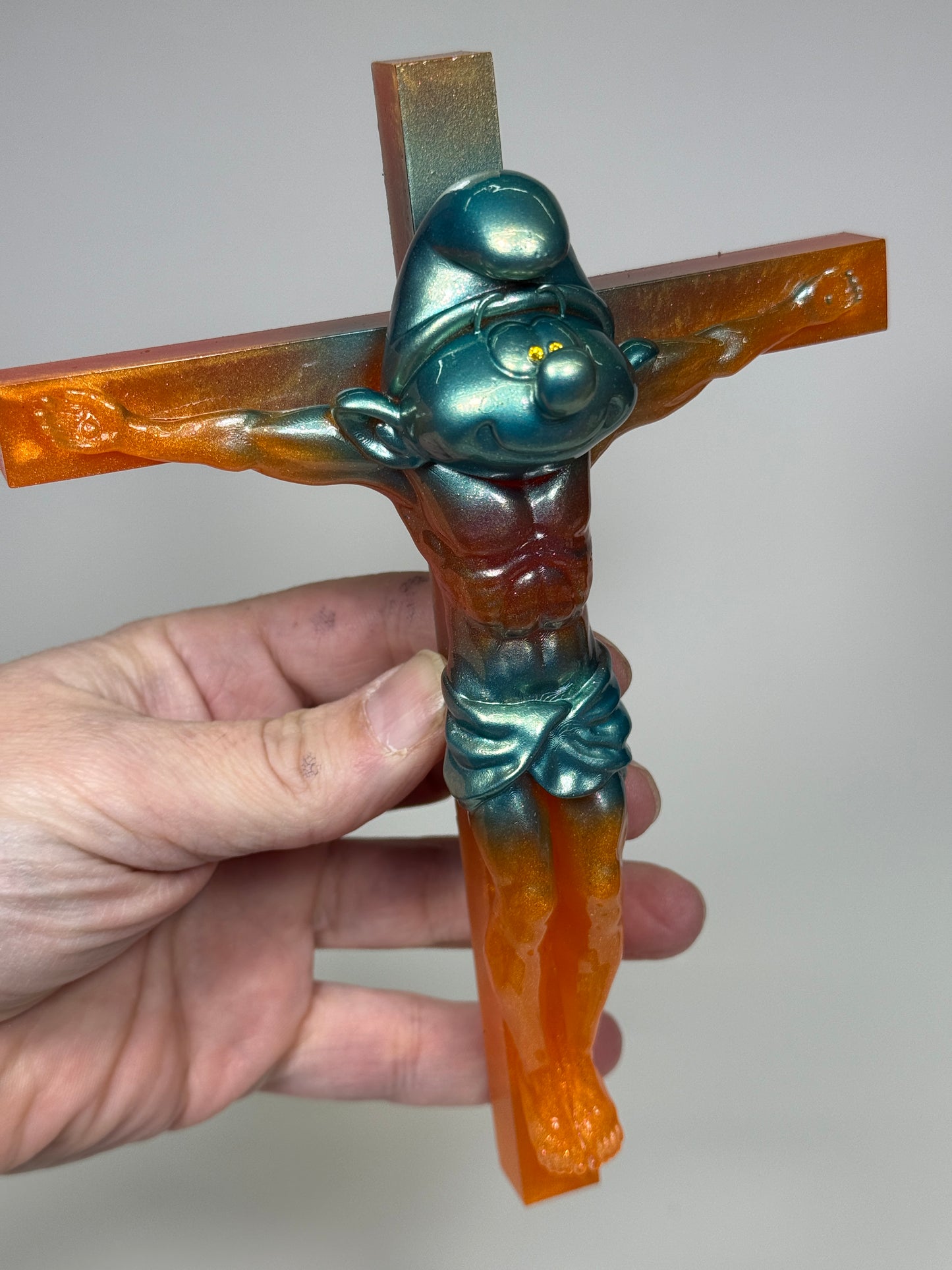 Christ on the Cross but he is a Smurf: Fun Time Orange