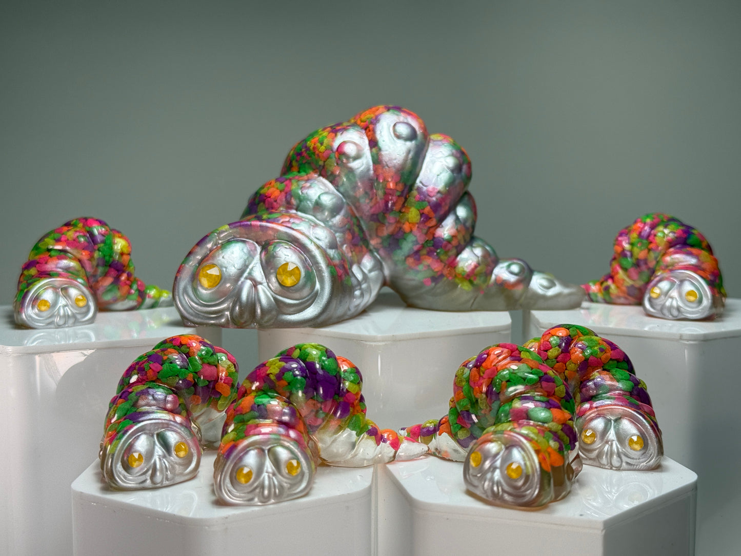 Worm: Neon Rainbow Rocks with Pearlescent White Set of 7