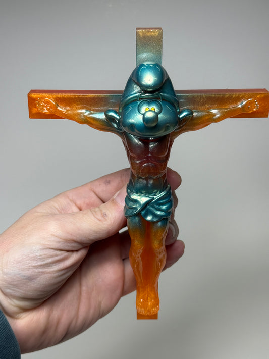 Christ on the Cross but he is a Smurf: Fun Time Orange