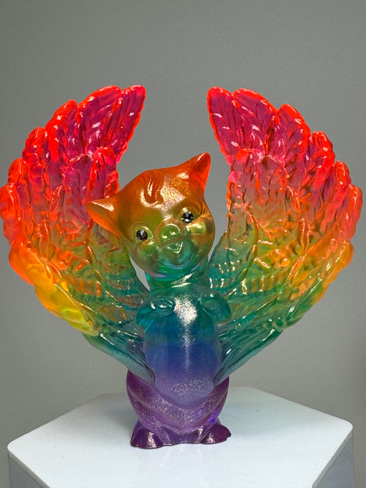 Winged Twisted Pig: Gold Rainbow Heart