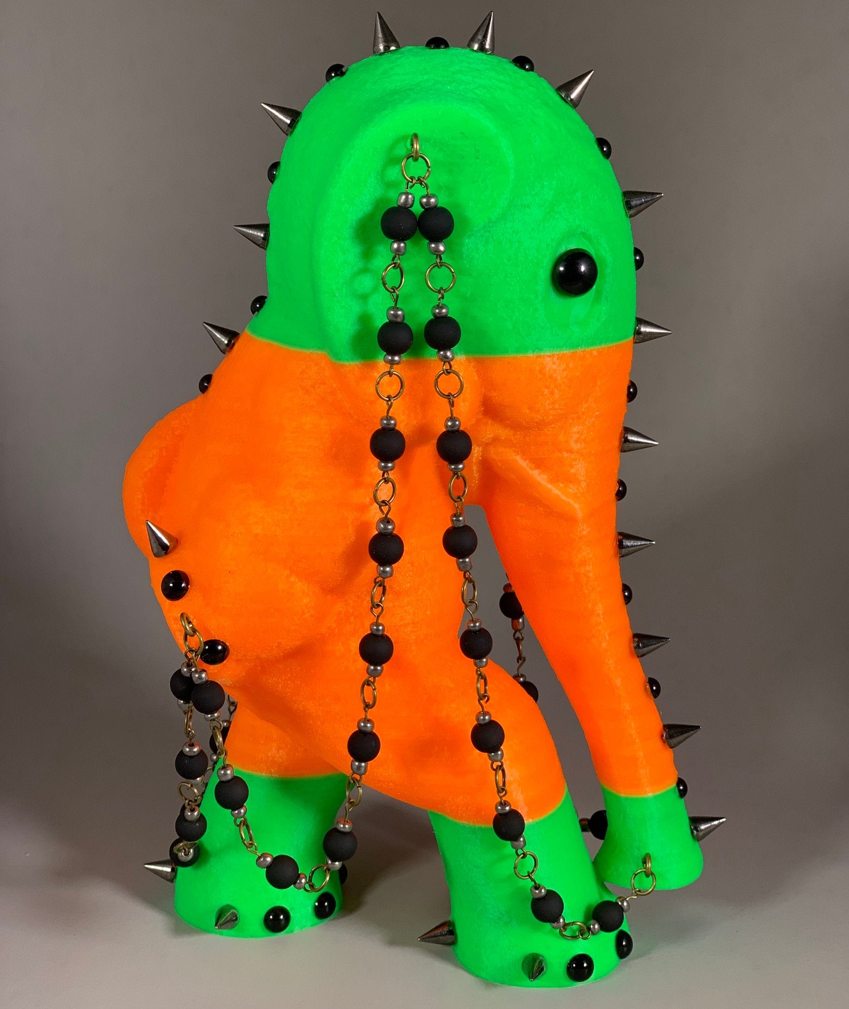 Fluorescent Green and Orange Elephant with Black Beaded Chain