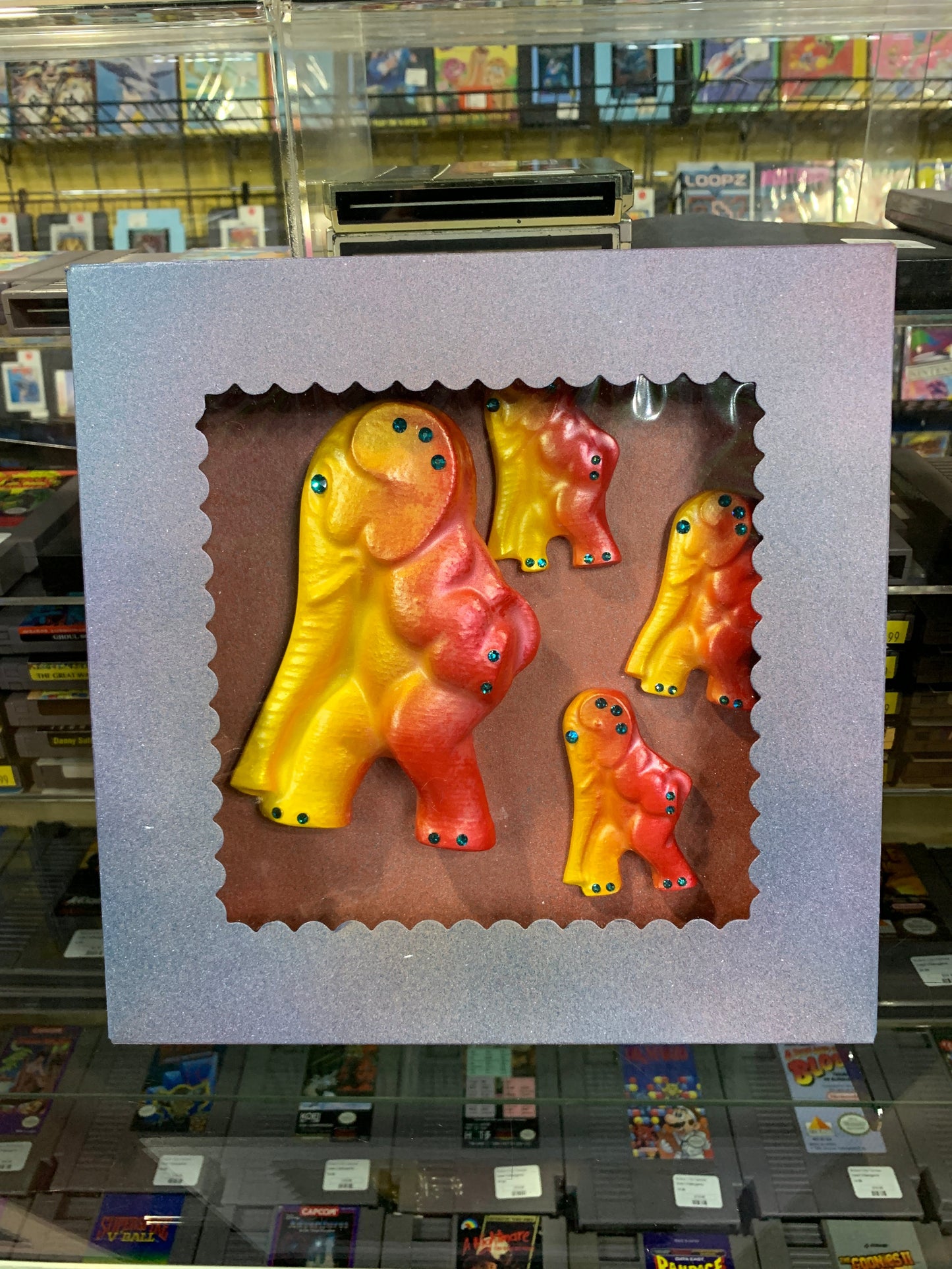 Boxed Chalkware Wall Hanging Set: Yellow and Red Elephants