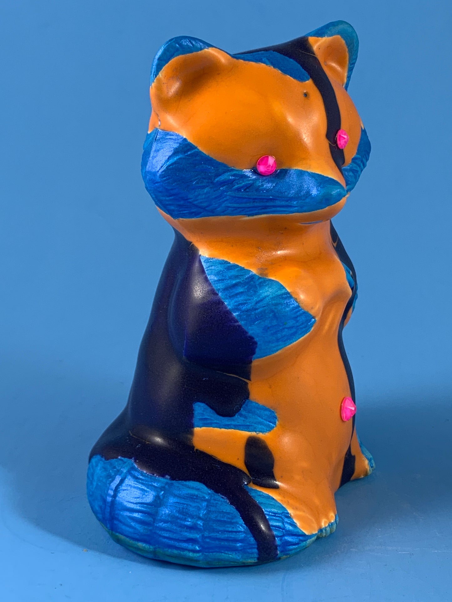 Ceramic Raccoon: Orange and Blue with Iridescent Light Blue