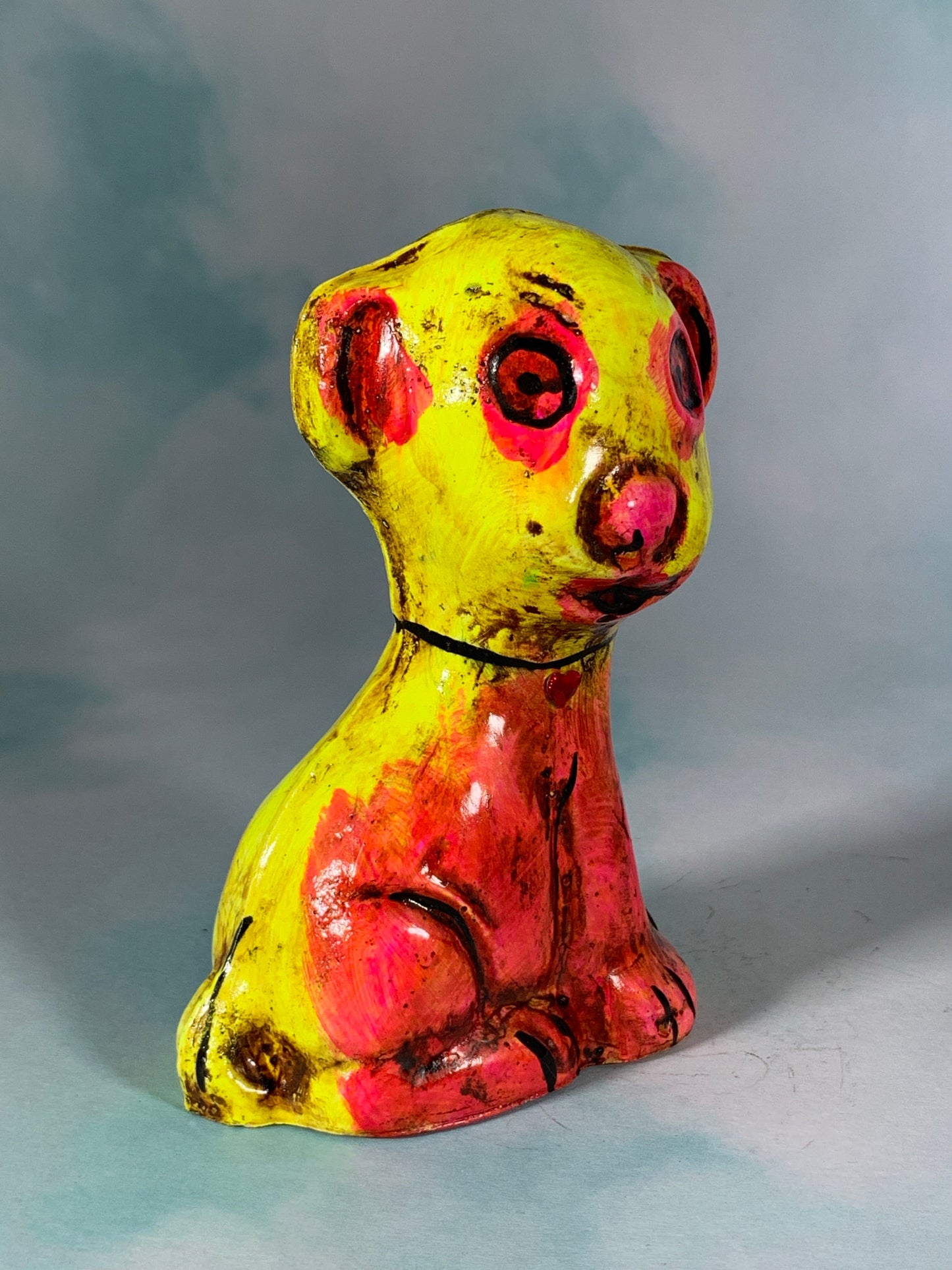 Chalkware Circle Eyes Dog: Yellow and Pink