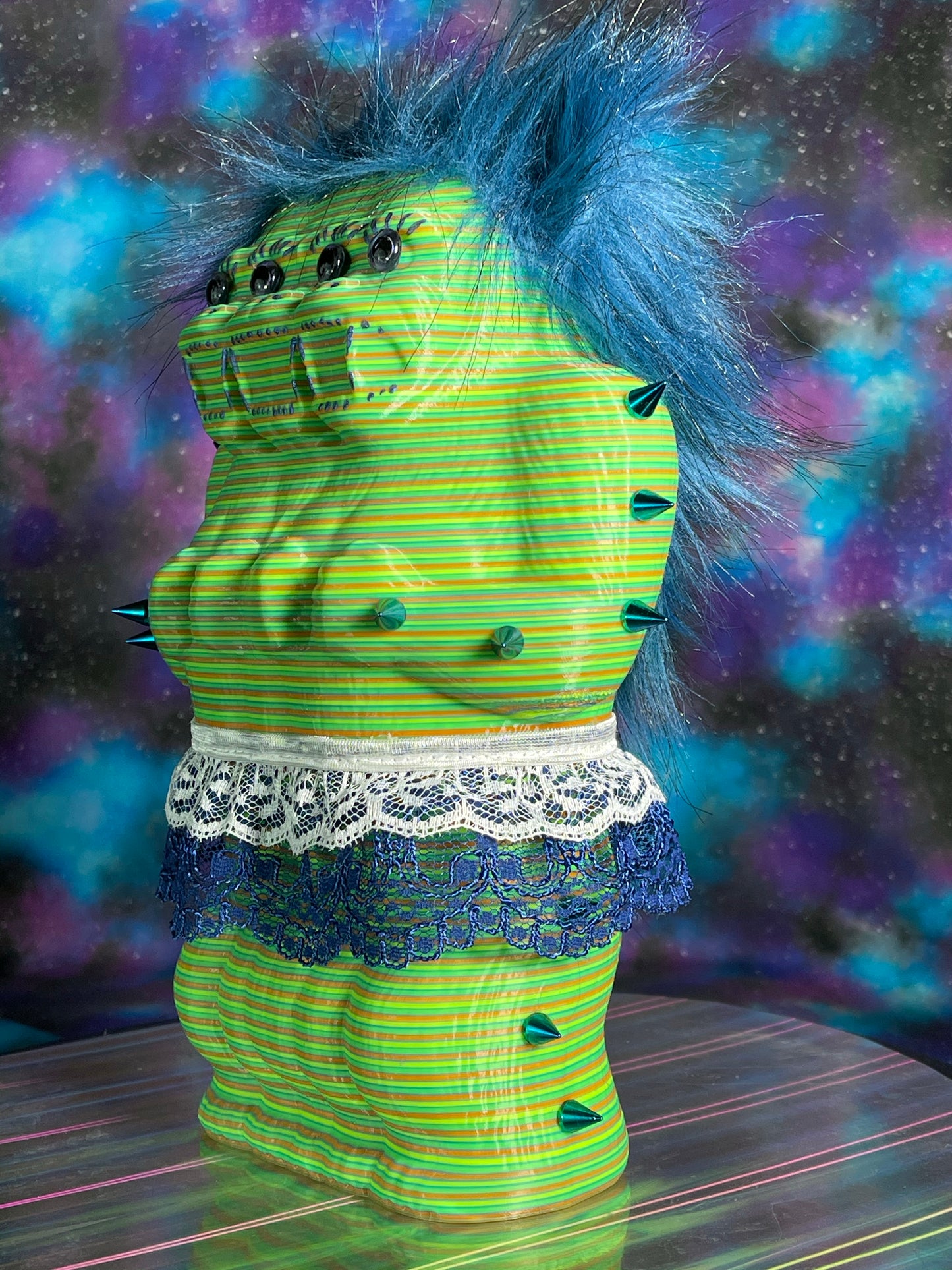 Freak of Nature 3 Headed Ape: Very Handsome Frilly Doll, green/yellow/orange/blue