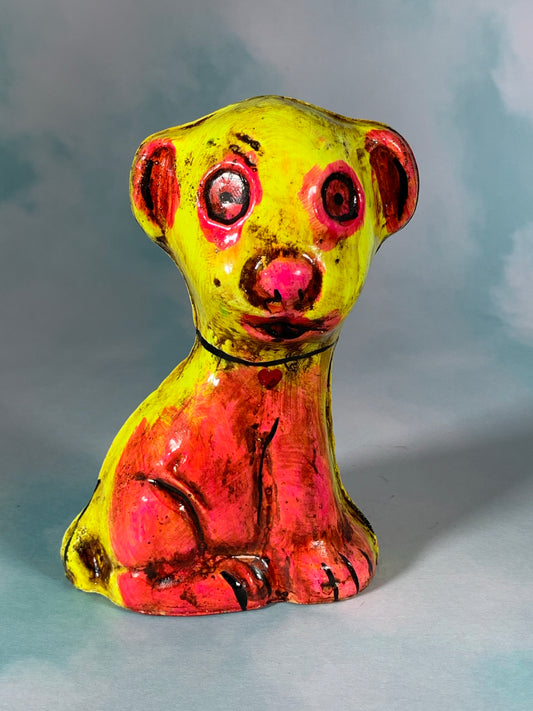 Chalkware Circle Eyes Dog: Yellow and Pink