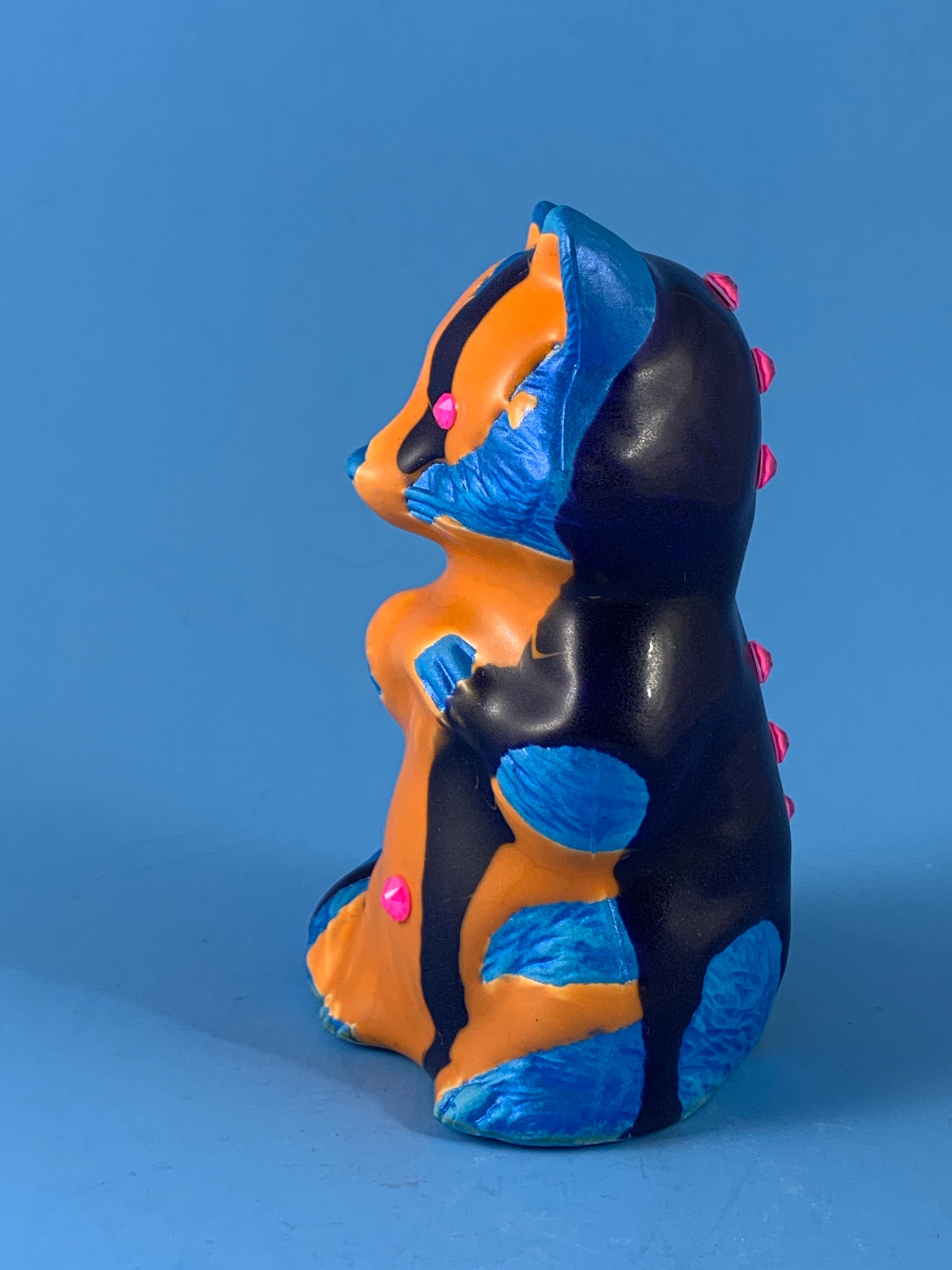 Ceramic Raccoon: Orange and Blue with Iridescent Light Blue