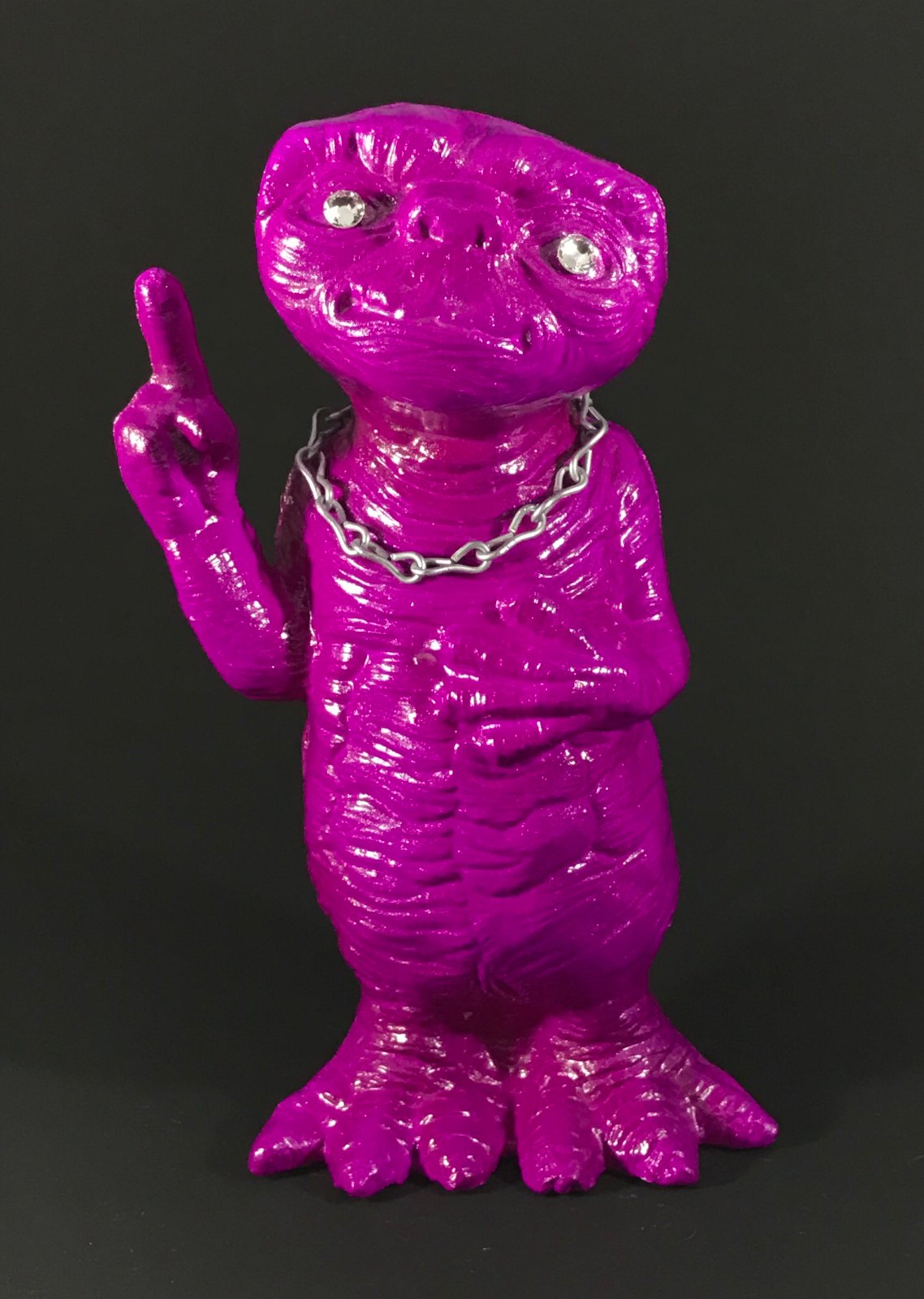 Fluorescent purple ET with rhinestone eyes, silver chain and metal flake