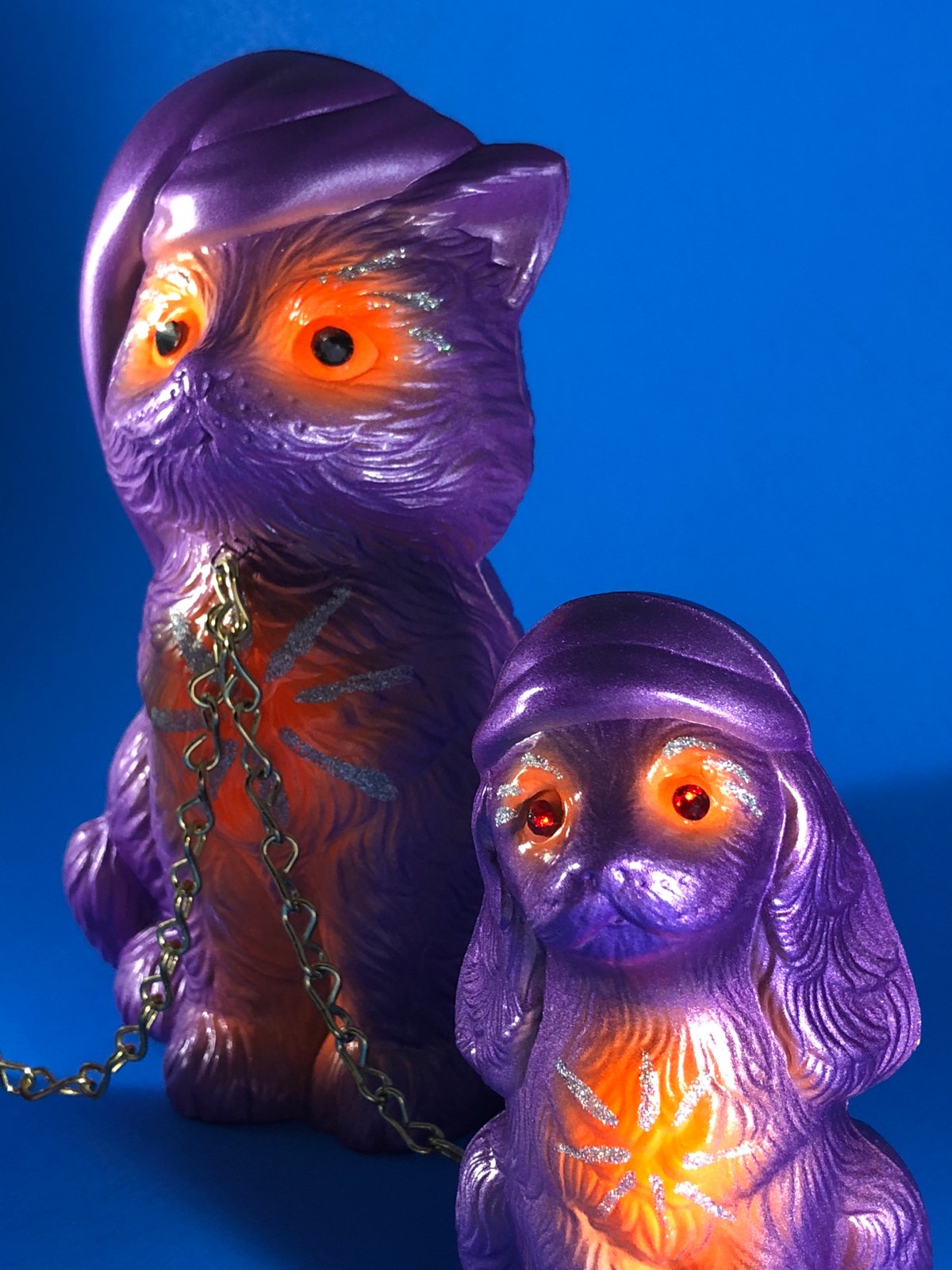 Sleepy time chained cats and dog: Purple and orange, glitter and rhinestones