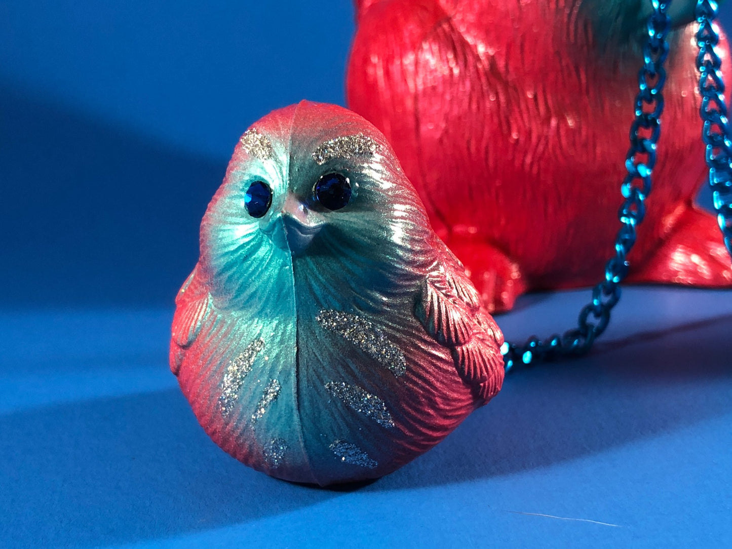 Squirrel with birds: Red with blue, glitter and chains