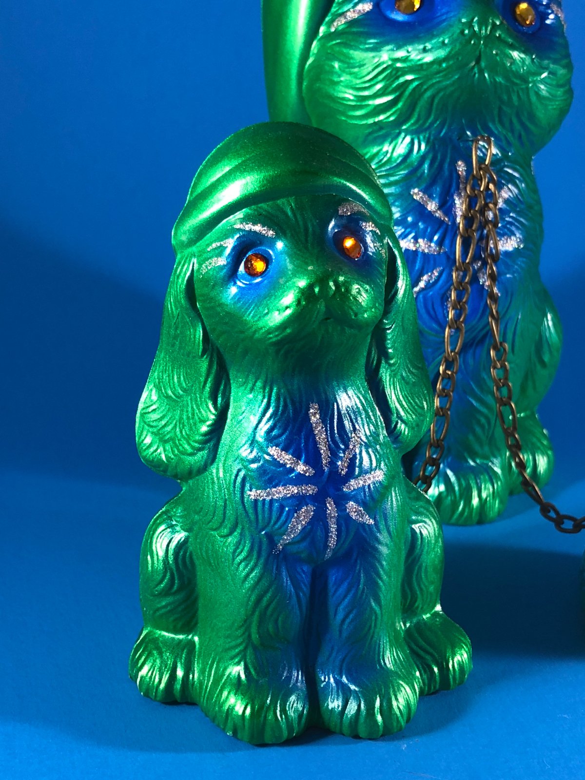 Sleepy time chained cats and dog: Green and blue, glitter and rhinestones